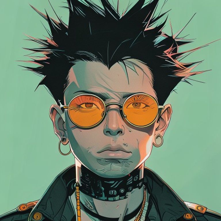 Bald cyborg character with magenta sunglasses and mechanical neck